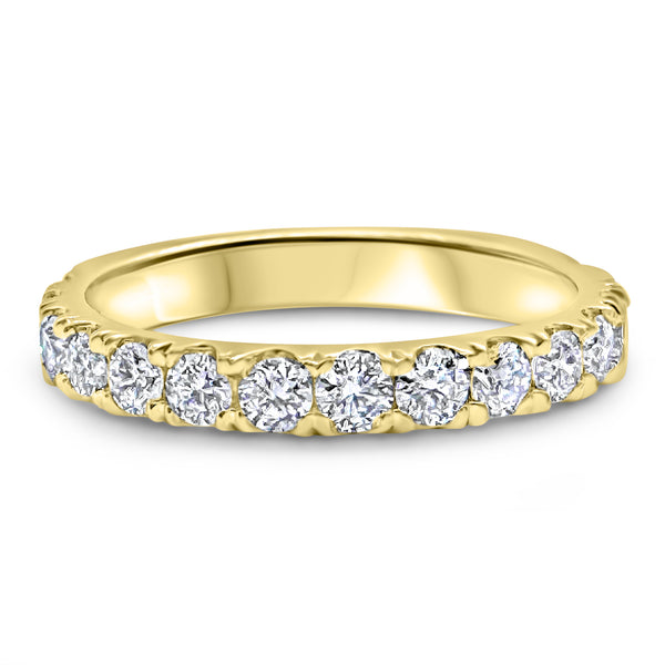 Front view of a .90 carat diamond wedding band, F color VS2, in 14k yellow gold.