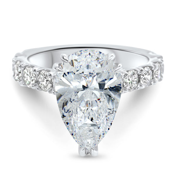 Front view of a 3.5 carat pear diamond engagement ring with diamond accents, IGI certified F/VS2, in 14k white gold.