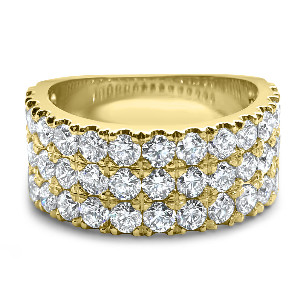 Front view of a 2.70 carat diamond ring with a 3-row half eternity band, F color VS2, in 14k yellow gold.