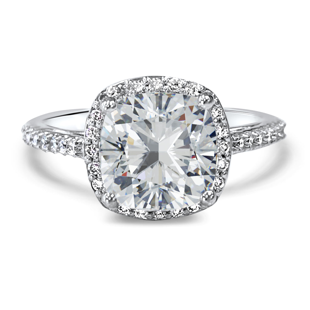 Front view of a 3 carat halo cushion cut diamond engagement ring, IGI certified F color VS2, in 14k white gold.