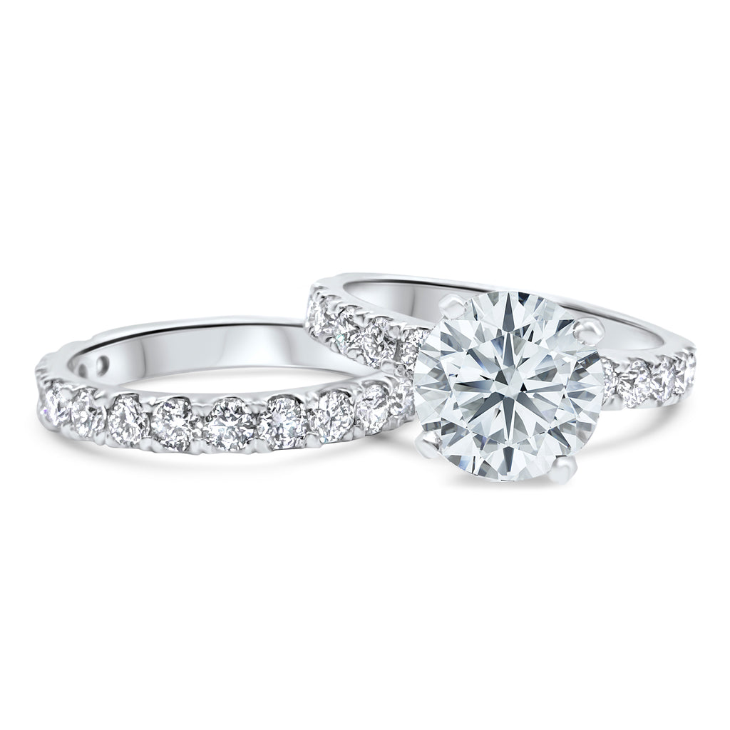 Front view of a 3 carat round diamond wedding set with accent stones, accented bridal set in 14k white gold, 4.7 carat total weight.
