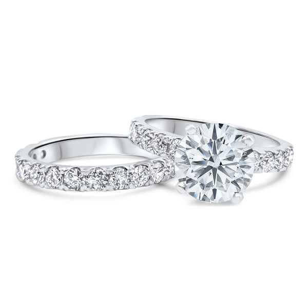 Front view of a 3 carat round diamond wedding set with accent stones, accented bridal set in 14k white gold, 4.7 carat total weight.
