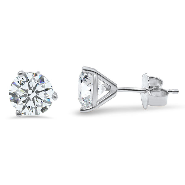 Front and side view of lab-grown diamond stud earrings shown in ear, crafted in 14k white gold by Eternal Jewelry.