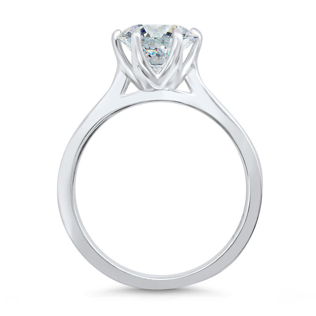 Side view of a 3 carat round solitaire engagement ring with 6 prongs, IGI certified F/VS2, in 14k white gold.