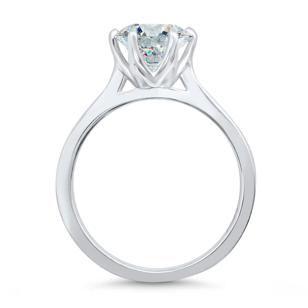 Side view of a 3 carat round solitaire engagement ring with 6 prongs, IGI certified F/VS2, in 14k white gold.