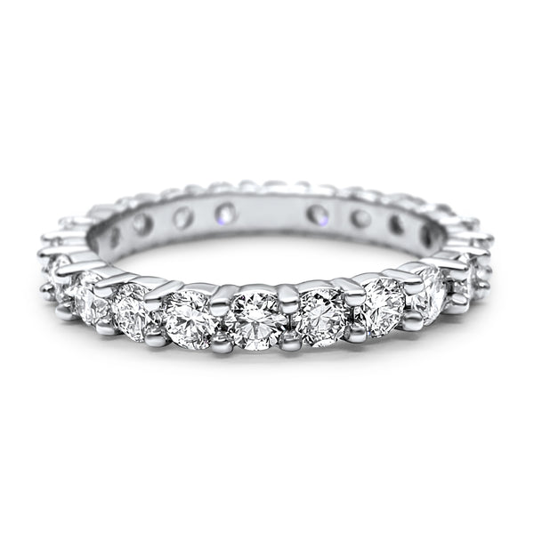 Front view of a diamond eternity band wedding bridal ring in 14k white gold, 1.3 carat total weight.