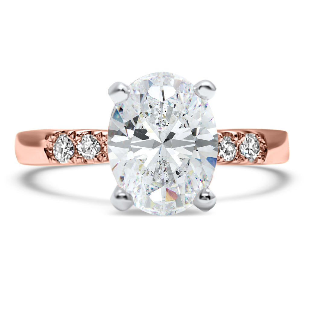 Oval Moissanite Ring 2 Carat Engagement Solitaire with Accents 14k Rose Gold