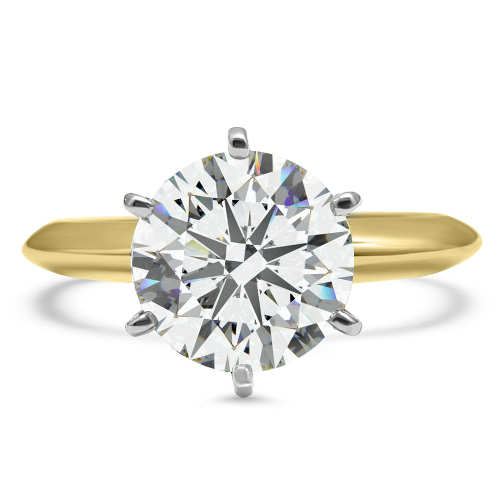 Front view of a 2 carat round solitaire diamond engagement ring, IGI certified, in 14k yellow gold.