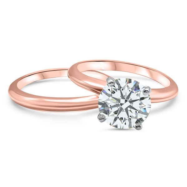 Cubic Zirconia Bridal Set 14k Rose Gold CZ 4 Prong Solitaire Engagement Ring and Wedding Ring