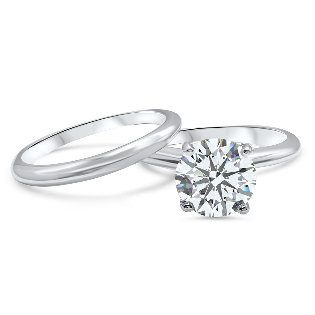 Moissanite Wedding Set Solitaire Engagement and Wedding Band 14k White Gold