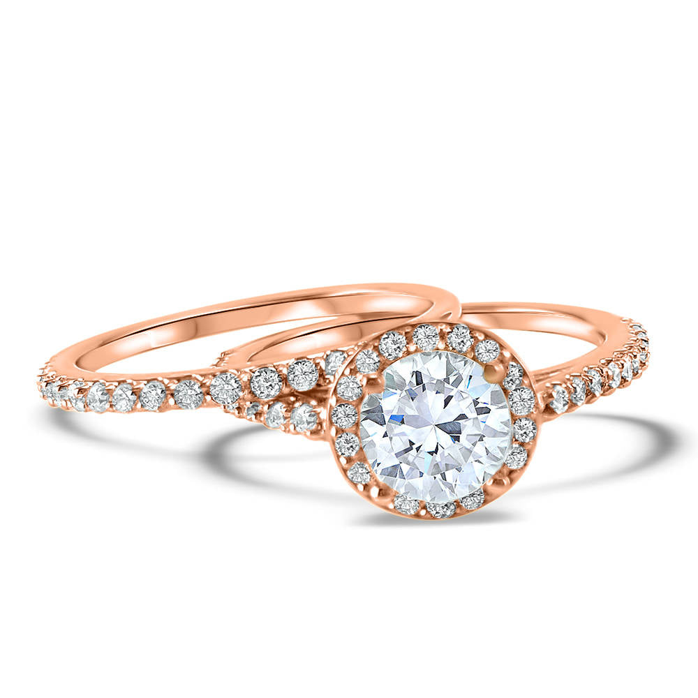 Diamond Halo Wedding Set  Moissanite Round Center Bridal Set Halo Engagement Ring