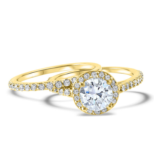 Yellow Gold Diamond Halo Wedding Set | IGI Certified Bridal Set | F Color VS Round Center Stone