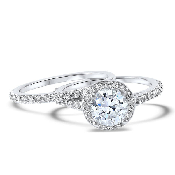 Diamond Halo Wedding Set Round Center White Gold Bridal Set Halo Engagement