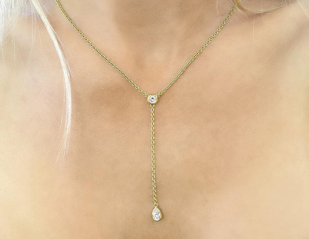 Y Necklace Moissanite Dangle Lariat Tear Drop 14k Yellow Gold 14k Rose Gold 14k White Gold Perfect for Layering