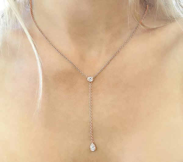 Dainty Gold Lariat Dangle Y Necklace Moissanite 14k Yellow Gold Pear and Round Drop Fashion Necklace 14k White Gold 14k Rose Gold