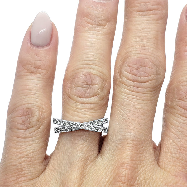 1 carat lab-grown diamond criss-cross X-ring with double eternity band shown on a hand in 14k White gold.