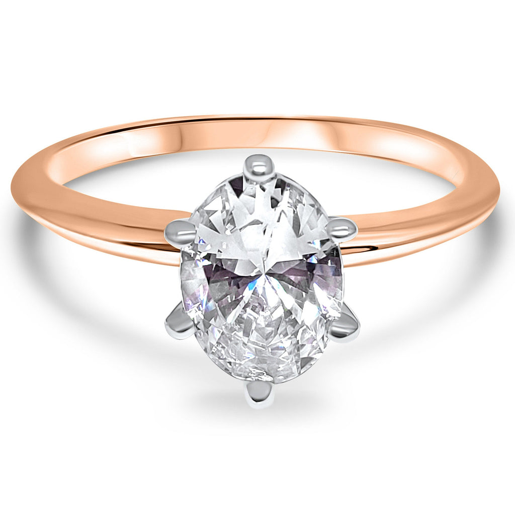 Oval CZ Solitaire Ring 14k Rose Gold Cubic Zirconia Engagement 6 Prong 3/4 Carat - 1 Carat or 1.5 Carat Oval