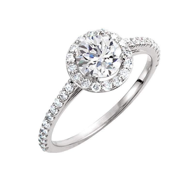 Diamond Halo and Moissanite Engagement Ring with a 3/4 Carat, 1.0 Carat,  1.25 Carat center 14k White Yellow or Rose gold